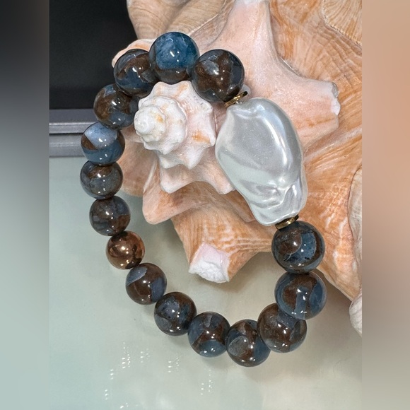 CLOISONNÉ JASPER + BAROQUE MOP  NATURAL STONES BRACELET size 7” - Picture 2 of 9